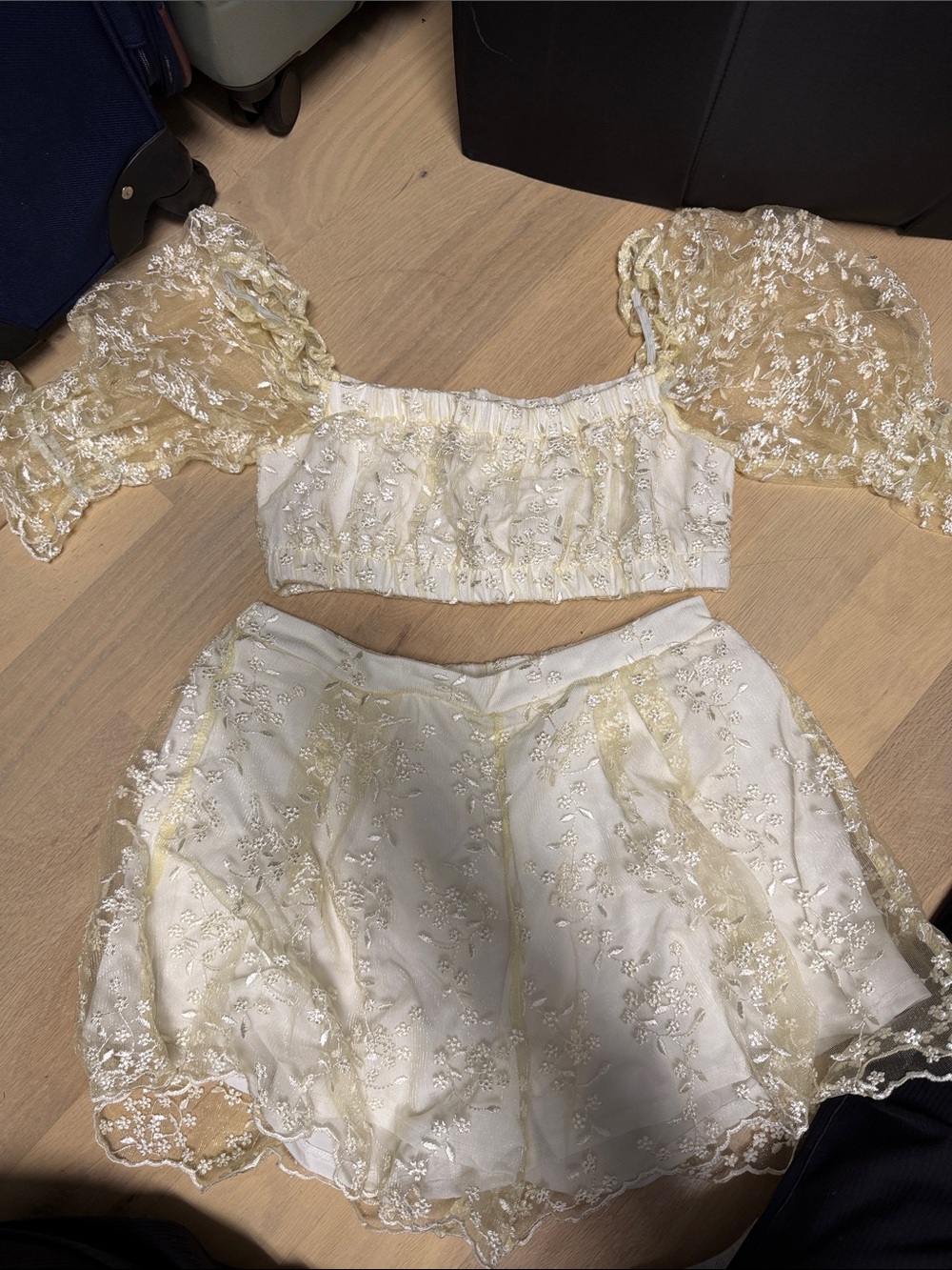 Lucy in the Sky White & Gold Lace Crop Top and Shorts Set